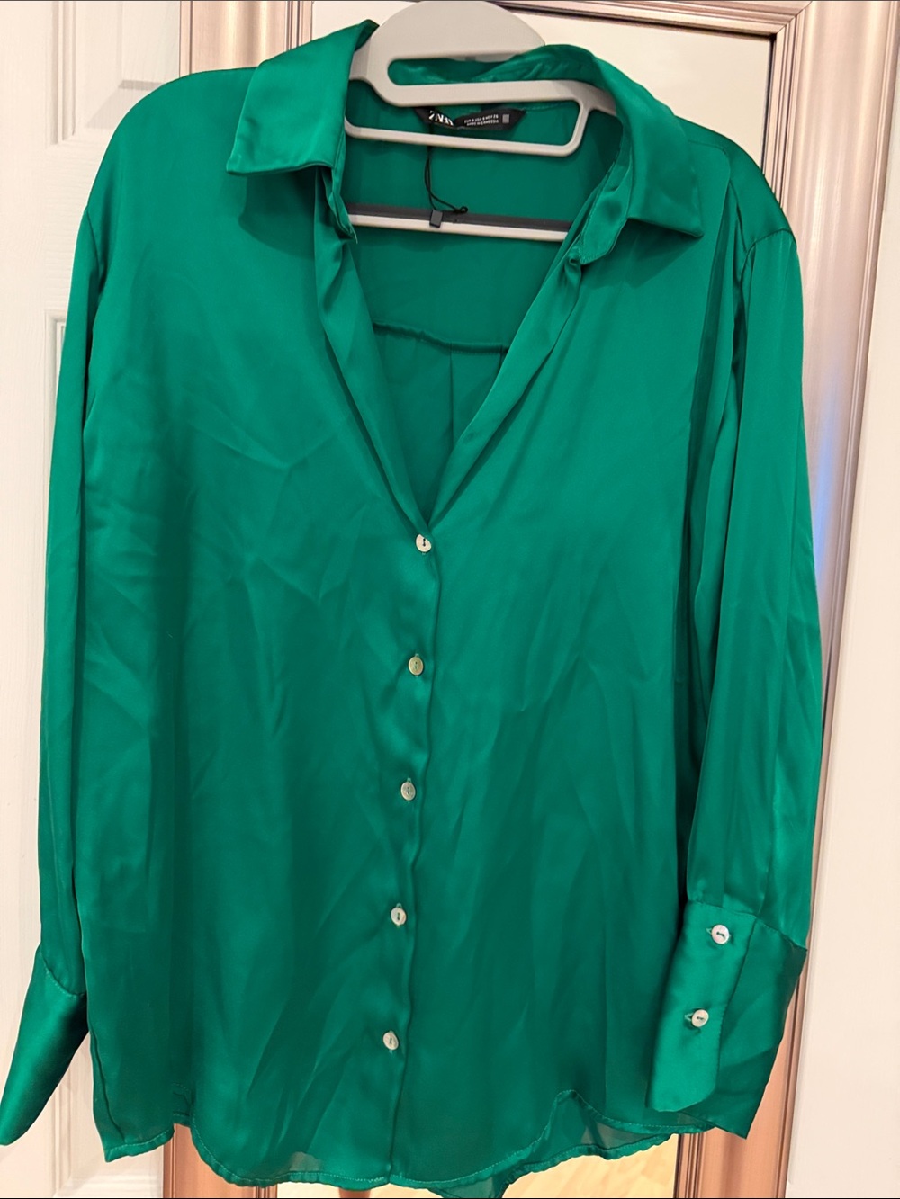 Zara Teal Green Satin Button-Down Blouse